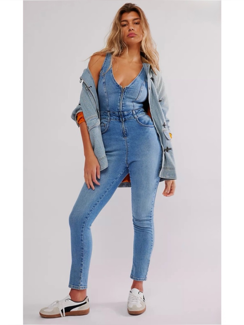 WE THE FREE | Free People CRVY Queen's Court Denim Jumpsuit, Size Medium